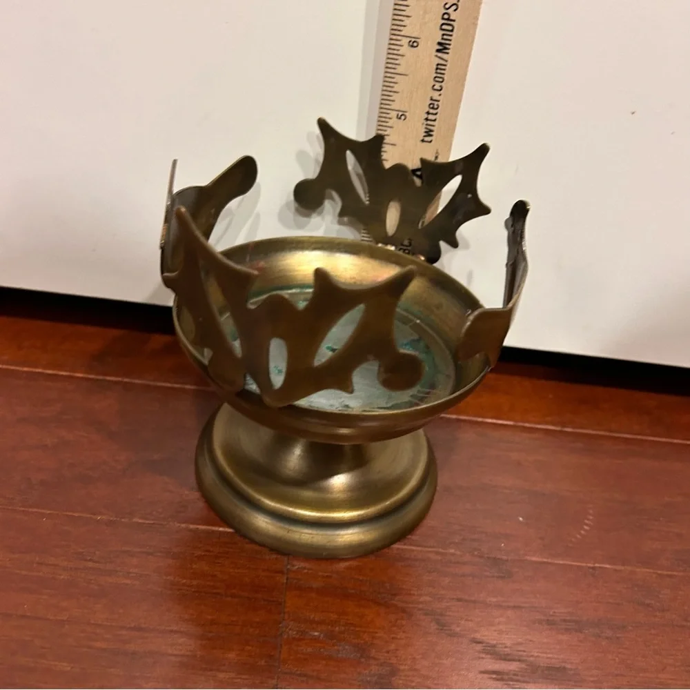 Vintage Brass Birds Flower Pedestal Decorative Tray Candle Holder Cutout Rim